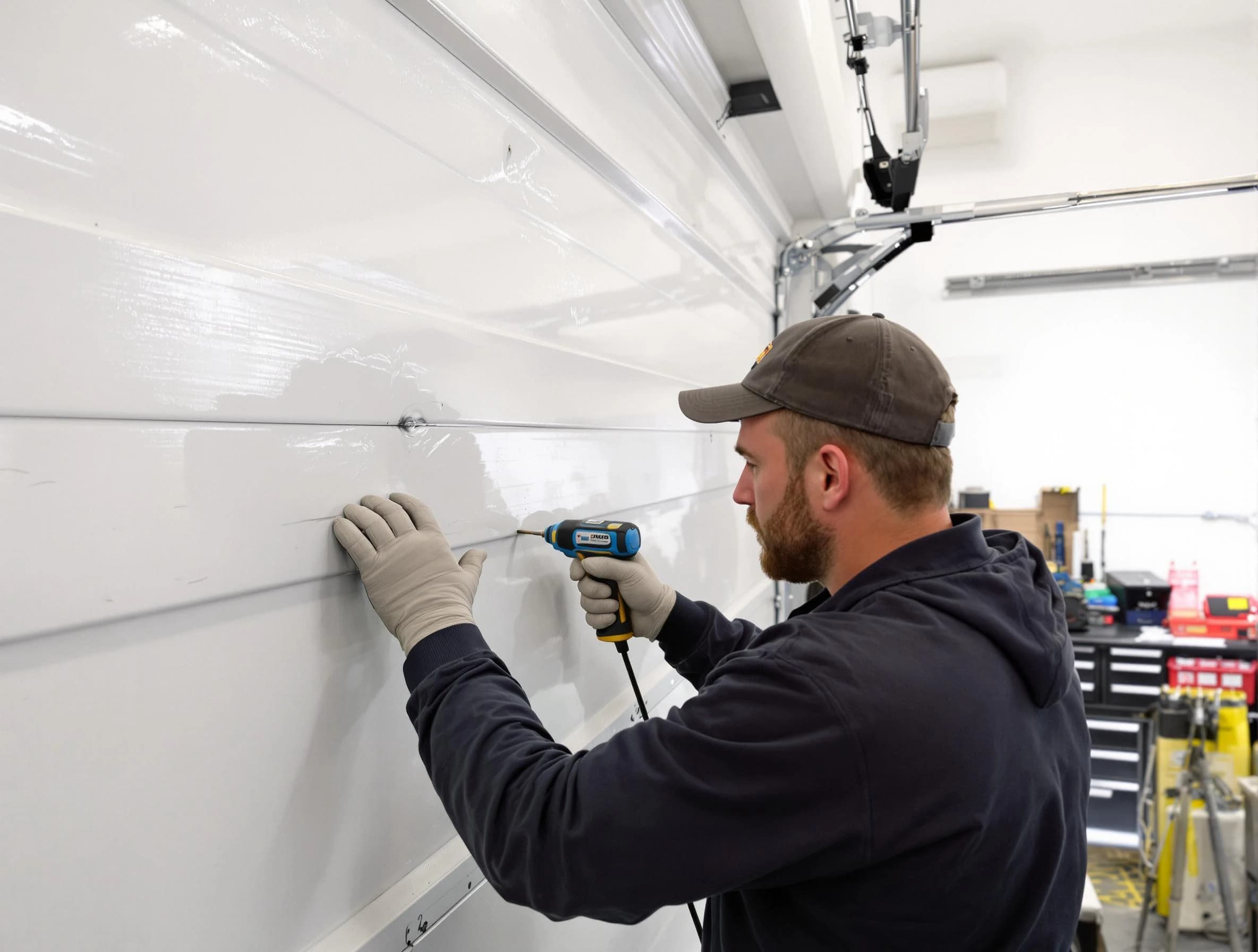 Leominster Garage Door Repair technician demonstrating precision dent removal techniques on a Leominster garage door